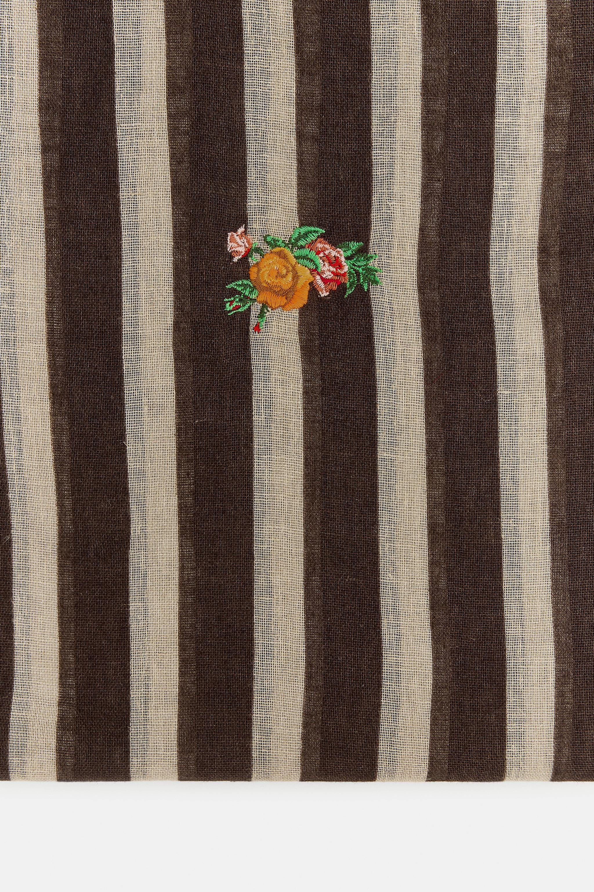 EMBROIDERED FLORAL STRIPED LINEN SCARF
